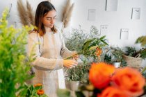 Florista femenina étnica joven enfocada en ropa casual y delantal que ata delicado ramo de lirio naranja y gypsophila blanco en tienda de flores - foto de stock