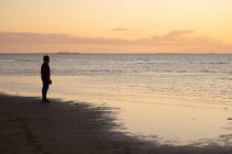 Вид збоку чоловічого мандрівника з фотоапаратом, що стоїть на березі моря під час заходу сонця — стокове фото