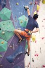 Back view of anonymous male mountaineer in harness climbing artificial wall in bouldering center — Stock Photo