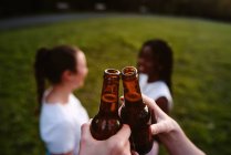 Grupo de mujeres felices y diversas que se reúnen en el parque y tintinean botellas de cerveza mientras disfrutan juntos del fin de semana de verano - foto de stock