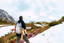 Back view of anonymous tourist with backpack standing on snowy lawn in valley of mountains in Peaks of Europe — Stock Photo