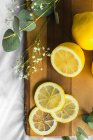 Целые цветные лимоны в мешке для мусора рядом с волнистой веточкой для растений на деревянной доске для рубки складчатых тканей — стоковое фото