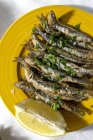 Top view plate of appetizing grilled anchovies served on table with piece of lemon and fresh herbs in restaurant — Foto stock