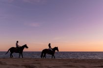Вид збоку анонімної пари силуетів на шлюби, що розглядають нескінченний океан з піщаного берега на заході сонця — стокове фото