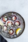 Vista superior fresco vieiras apetitosas en conchas servidas en hielo en el plato con rodajas de limón - foto de stock