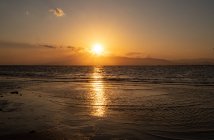 Peaceful seascape on sandy beach near calm sea at sunset time — Fotografia de Stock