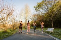 Rückansicht Vielrassige Läuferinnen in Aktivkleidung joggen beim Ausdauertraining auf dem Gehweg in der Stadt — Stockfoto