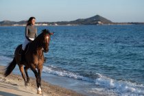 Young female looking forward while riding chestnut horse on sandy sea shore against mount under light sky — Stock Photo