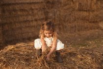Vista lateral de un niño adorable en overoles jugando con heno cerca de fardos de paja en el campo - foto de stock