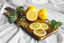 Colorful whole lemons in zero waste bag near wavy plant sprig on wooden chopping board on creased textile - foto de stock