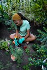 Von oben lächelt eine schwarze Gärtnerin, die im Gewächshaus auf dem Boden sitzt und Kalanchoe-Blume verpflanzt — Stockfoto