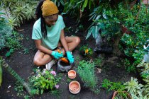 Dall'alto hippie femmina nera con dreadlocks giardiniere seduto in serra e piantare pianta verde in vasi di ceramica — Foto stock