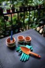 From above of collection of gardening tools and ceramic pots for transplanting plants placed on table in greenhouse — Stock Photo