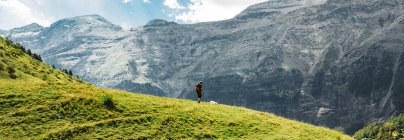 Vista lateral panorámica de hombres irreconocibles senderismo montaña verde en los Dolomitas, Italia - foto de stock