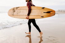 Вид збоку обрізаний анонімний серфер чоловік, одягнений у гідрокостюм, що йде з дошкою для серфінгу до води, щоб зловити хвилю на пляжі під час сходу сонця — стокове фото