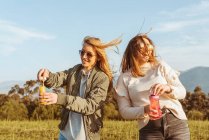 Fechar amigos do sexo feminino em óculos de sol soprando bolhas de sabão juntos em pé no prado nas montanhas — Fotografia de Stock