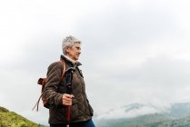 Vista de ángulo bajo de una anciana con mochila sosteniendo un bastón de trekking y de pie en una pendiente cubierta de hierba hacia el pico de la montaña durante el viaje en la naturaleza - foto de stock