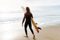 Vista lateral del hombre surfista anónimo vestido con traje de neopreno caminando con tabla de surf hacia el agua para coger una ola en la playa durante el amanecer - foto de stock
