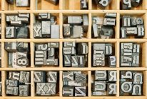 Вид зверху набір металевих шорстких літерпрес, розміщених у дерев'яній коробці в типографії — стокове фото