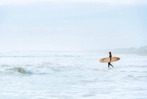 Vista lateral del surfista vestido con traje de neopreno caminando mirando hacia el agua con tabla de surf para coger una ola en la playa durante el amanecer - foto de stock