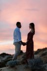 Loving multiracial couple in elegant clothes embracing on hill on background of sundown sky over sea in summer — Stock Photo