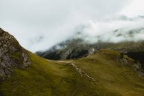Мальовничий вид на пагорб біля лугу з травою і хмарним небом — стокове фото