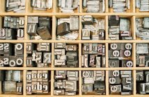 Vista dall'alto della serie di lettere in metallo squallido letterpress poste in scatola di legno in tipografia — Foto stock