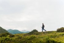 Seitenansicht einer älteren Frau mit Rucksack und Spazierstock, die auf dem Grashang in Richtung Berggipfel spaziert, während sie in der Natur unterwegs ist — Stockfoto