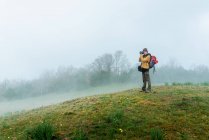 Side view of female backpacker standing in foggy meadow taking picture of mountainous landscape during travel — Stock Photo