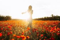 Счастливая женщина стоит на поле с красными цветами в солнечный день — стоковое фото