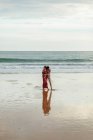 Hombre cariñoso abrazando a la mujer por detrás mientras pasan el día de verano juntos en la orilla del mar - foto de stock