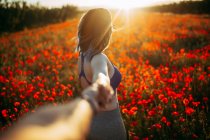 Visão traseira da jovem mulher em roupas esportivas segurando a mão do humano perto do grande prado com flores vermelhas e sol no céu — Fotografia de Stock