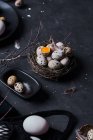 De acima mencionada composição de ovos de galinha crus em chapas e ovos de codorna em ninho em fundo preto — Fotografia de Stock