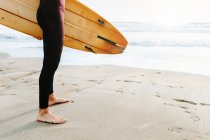Обрізаний анонімний серфер чоловік, одягнений у гідрокостюм, стоїть з дошкою для серфінгу на пляжі під час сходу сонця — стокове фото