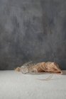 Glasschale und Tuch mit Baumzweig auf beigem und grauem Hintergrund — Stockfoto