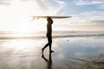Vue latérale de surfeur homme vêtu d'une combinaison de plongée marchant sur la plage avec la planche de surf au-dessus de sa tête le matin avec lever de soleil en arrière-plan — Photo de stock
