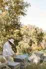 Apicoltore irriconoscibile in abbigliamento protettivo che ispeziona gli alveari in legno mentre lavora con le api durante il giorno estivo in apiario — Foto stock