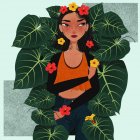Illustration der stilvollen Frau mit Blättern und Blumen — Stockfoto