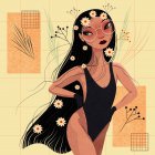 Иллюстрация стильной женщины с листьями и цветами — стоковое фото