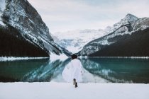 Vista posterior de la mujer anónima en vestido blanco corriendo hacia el agua limpia del lago Louise contra la cresta de montaña nevada en el día de invierno en Alberta, Canadá - foto de stock