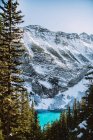 De cima limpo Lago Louise com água azul brilhante localizado perto de montanhas nevadas no dia de inverno em Alberta, Canadá — Fotografia de Stock