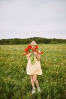 Вміст жінки в сукні, що стоїть з купою червоних квітів тюльпанів на лузі влітку з закритими очима — стокове фото
