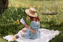 Seitenansicht einer nicht wiedererkennbaren Frau in Kleid und Strohhut, die Roman liest, während sie auf einer Picknickdecke auf einer grünen Wiese in der Nähe von Schaukeln in der sommerlichen Landschaft sitzt — Stockfoto