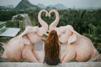 Вид на зворотній бік анонімного мандрівника, що сидить біля статуї слонів проти пишних зелених дерев і гір у тропічній країні — стокове фото