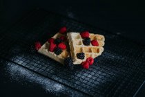 Sweet waffles served with fresh berries and sugar powder on black background — Stock Photo