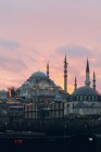 Alte Moscheen und Wohnhäuser vor wolkenverhangenem Abendhimmel mit fliegenden Vögeln in der Türkei — Stockfoto