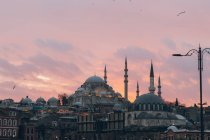 Пожилые мечети и жилые здания, расположенные на фоне облачного закатного неба с летающими птицами вечером в Турции — стоковое фото