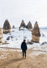 Обратный вид человека в тёплой теплую одежду, смотрящего в сторону, стоя на грунтовой дороге против снежного холма с известными колоннами с острыми пиками в форме копья в национальном парке Турции — стоковое фото