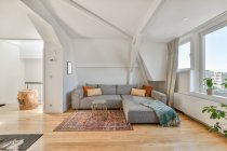 Uma acolhedora sala de estar com grande sofá elegante — Fotografia de Stock