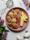 Vista aérea de sabrosas madeleinas con trozos de limón fresco y flores de lavandula entre el azúcar glaseado en el tamiz y los huevos - foto de stock